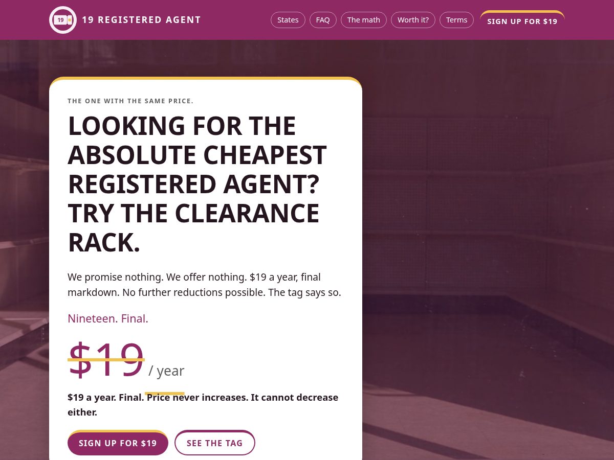 Landing-page snapshot of 19registeredagent.com