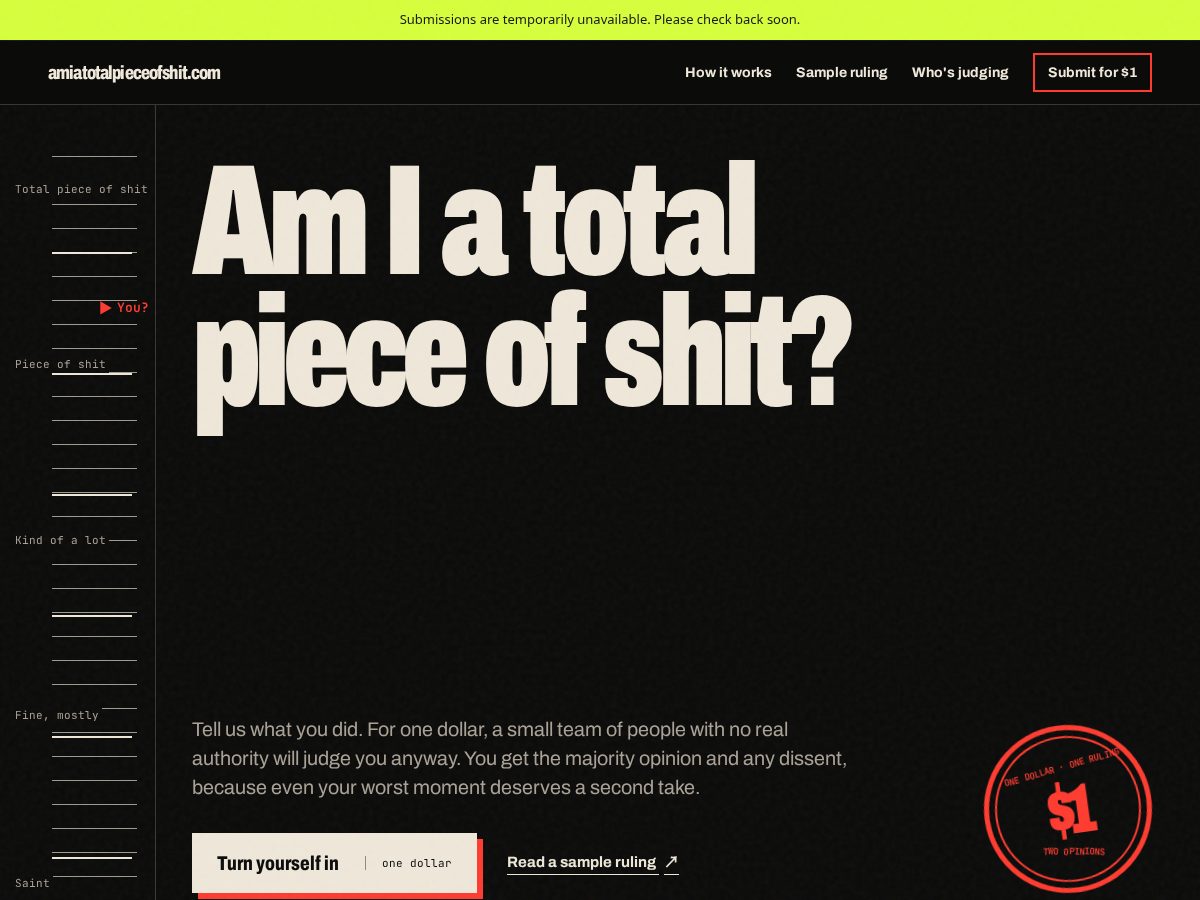 Landing-page snapshot of amiatotalpieceofshit.com