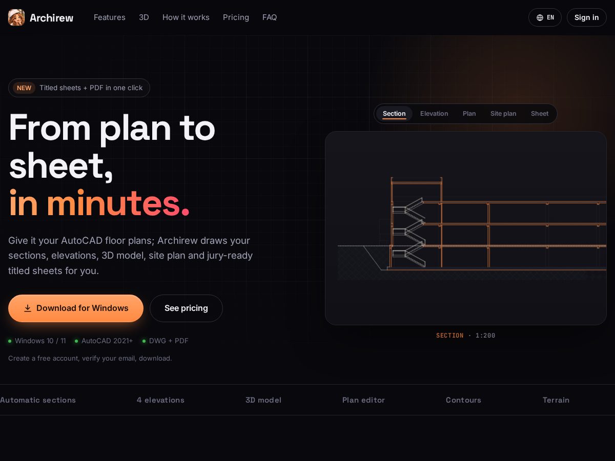 Landing-page snapshot of archirew.com