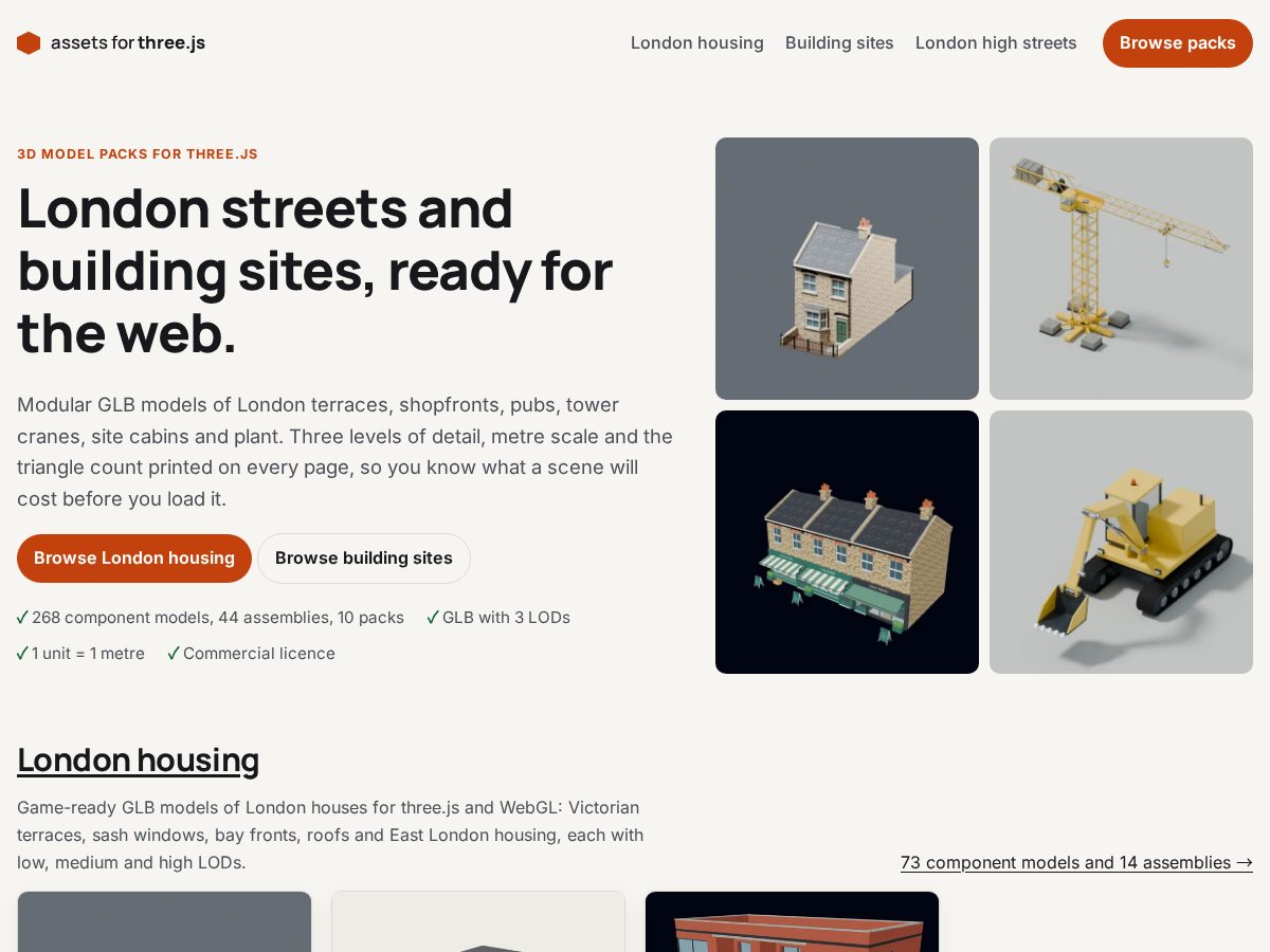Landing-page snapshot of assetsforthreejs.com