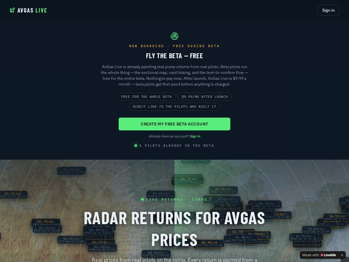Landing-page snapshot of avgaslive.com