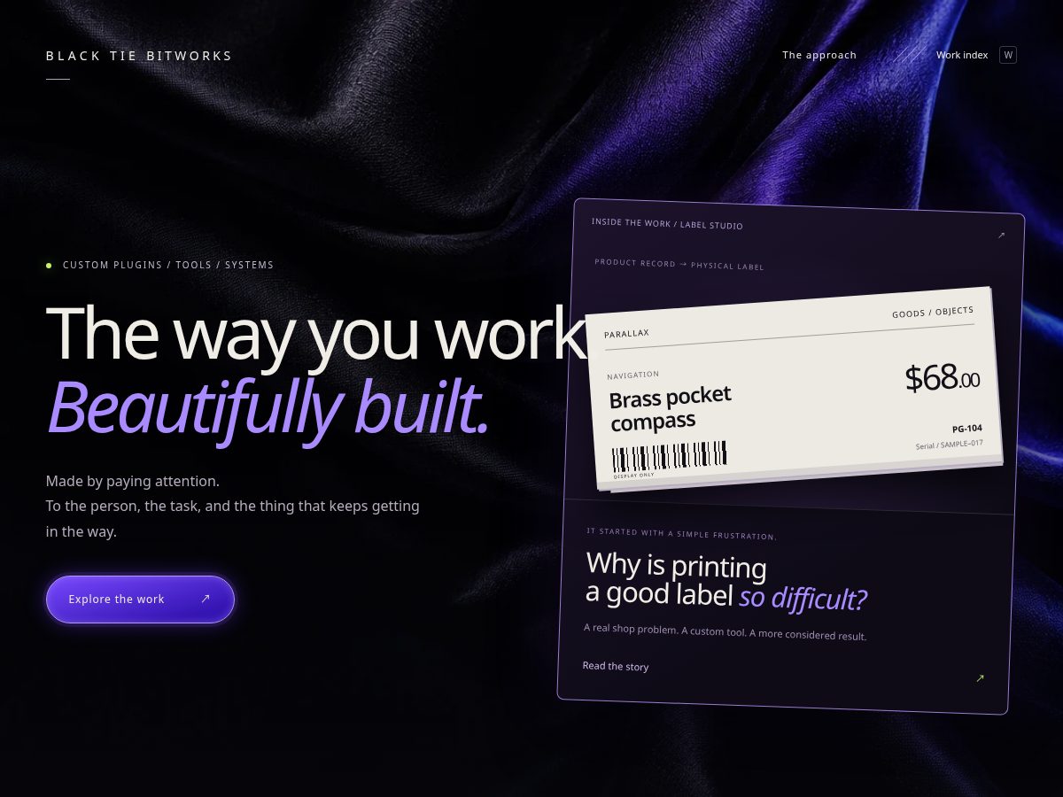 Landing-page snapshot of blacktiebitworks.com
