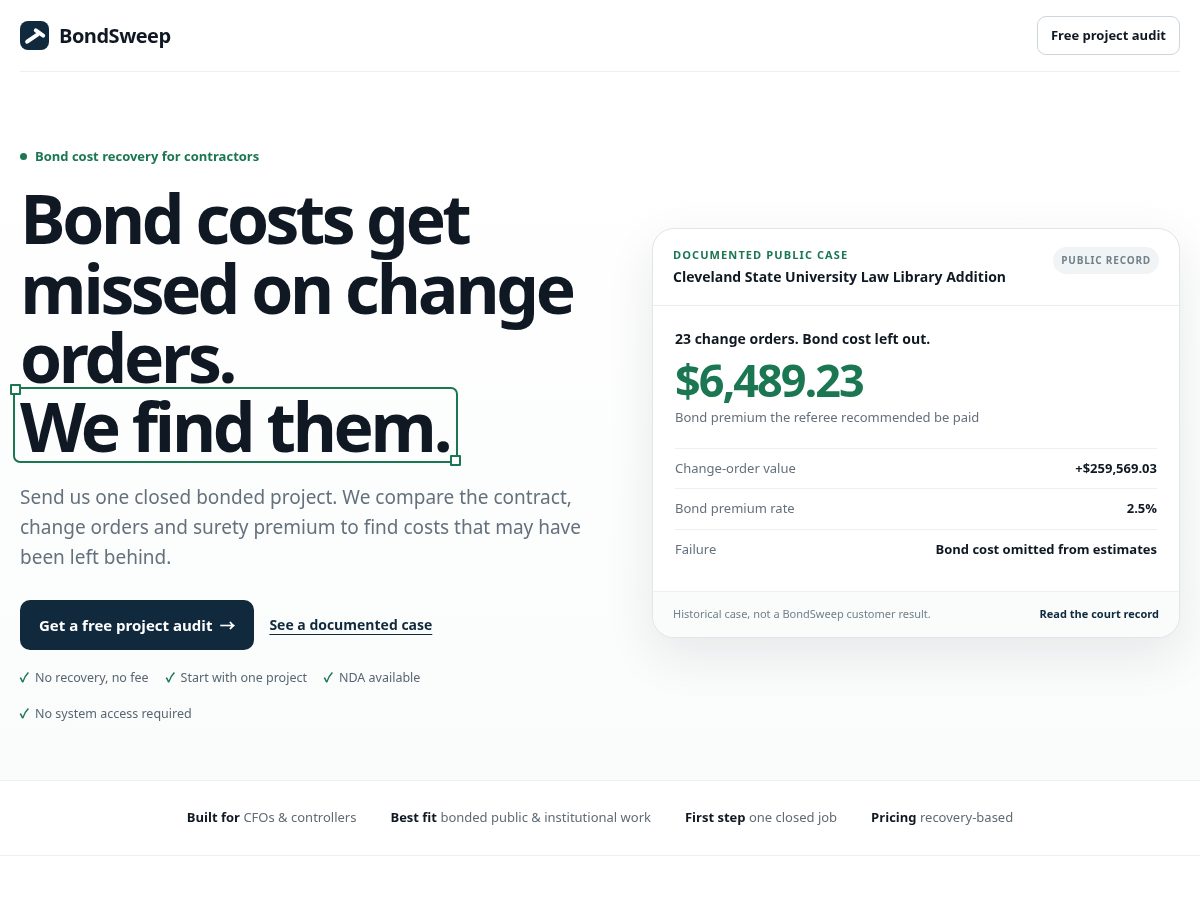 Landing-page snapshot of bondsweep.com