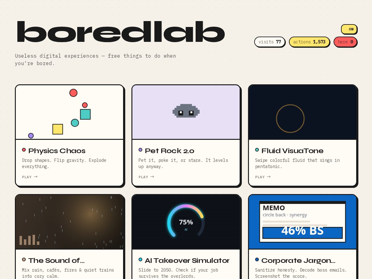 Landing-page snapshot of boredlab.fun