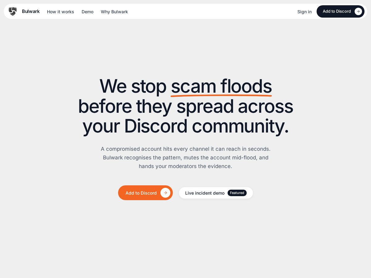 Landing-page snapshot of bulwarkbot.com