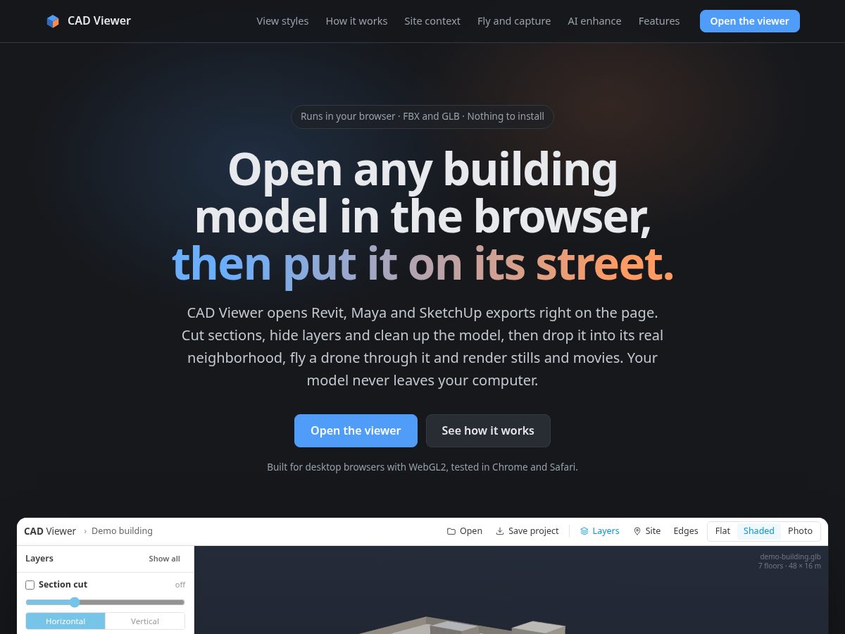 Landing-page snapshot of cadmodelviewer.com