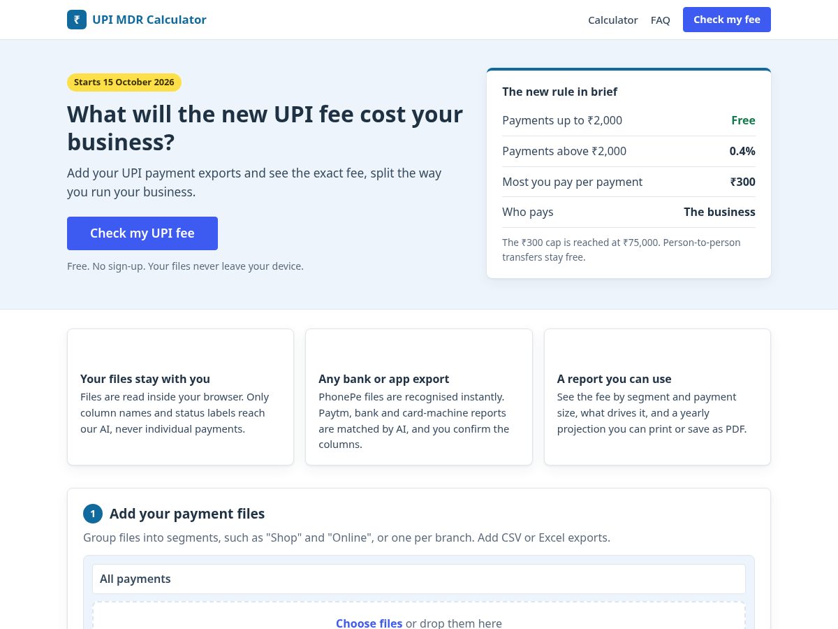 Landing-page snapshot of calculateupimdr.com