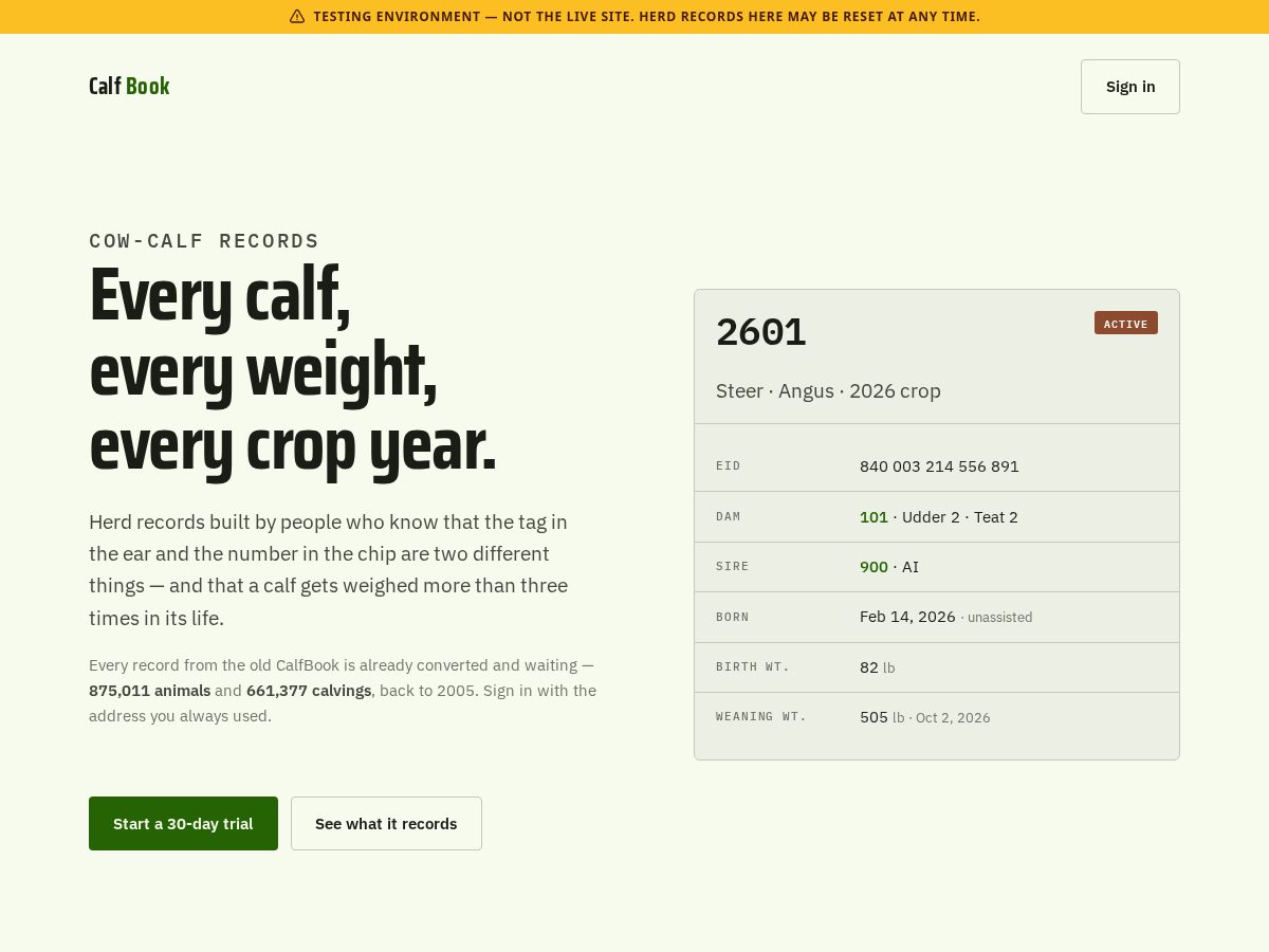 Landing-page snapshot of calfbook.dev