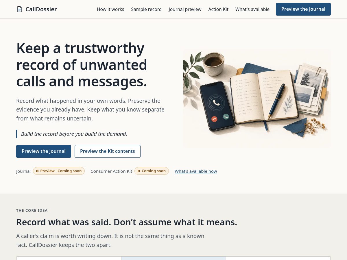 Landing-page snapshot of calldossier.com