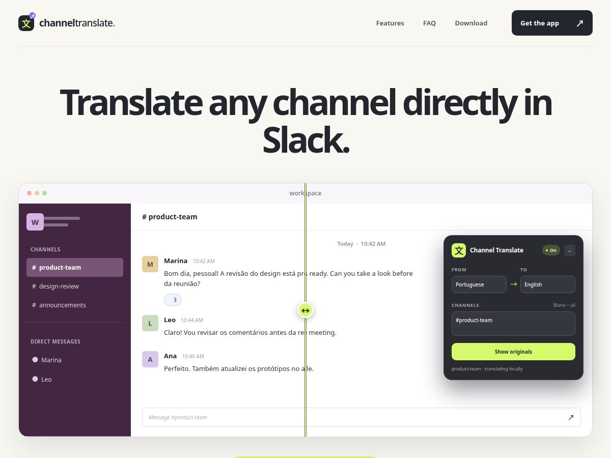 Landing-page snapshot of channeltranslate.app