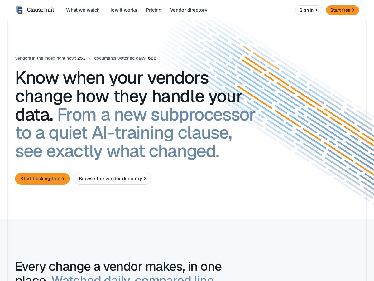Landing-page snapshot of clausetrail.com