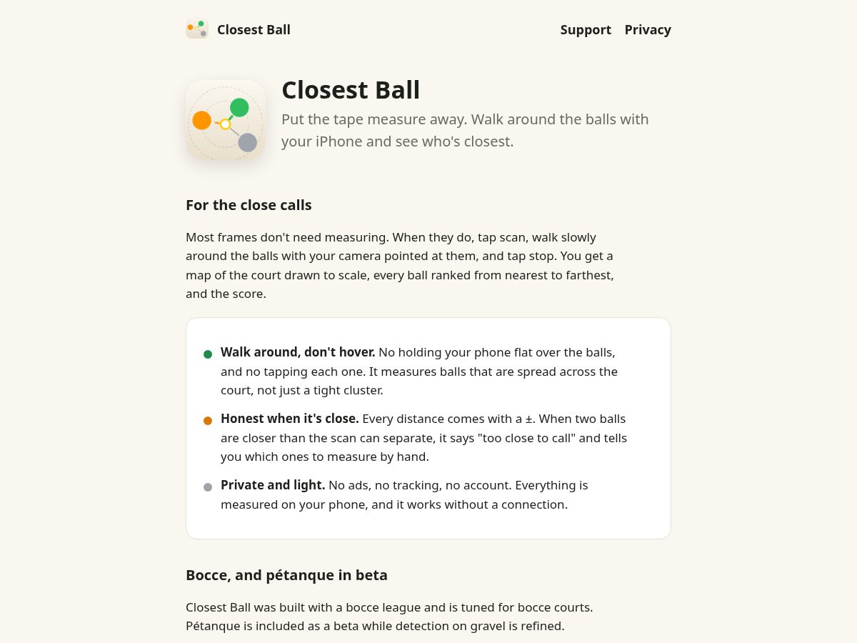 Landing-page snapshot of closestball.app