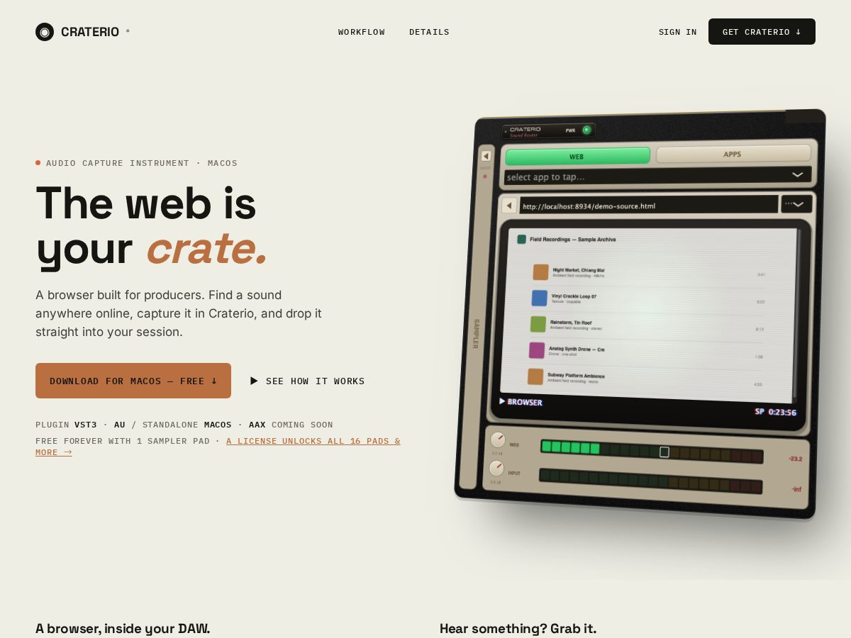 Landing-page snapshot of craterio.com