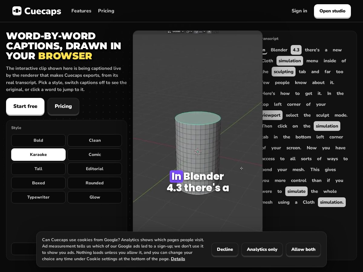 Landing-page snapshot of cuecaps.com