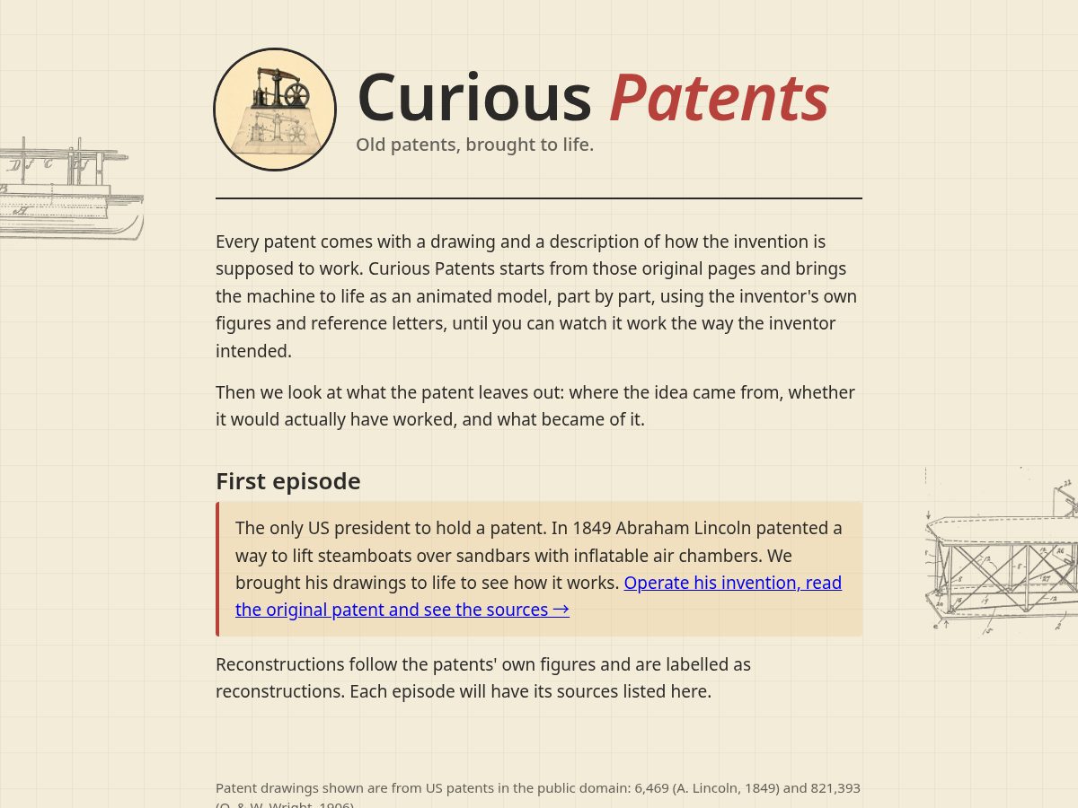 Landing-page snapshot of curiouspatents.com