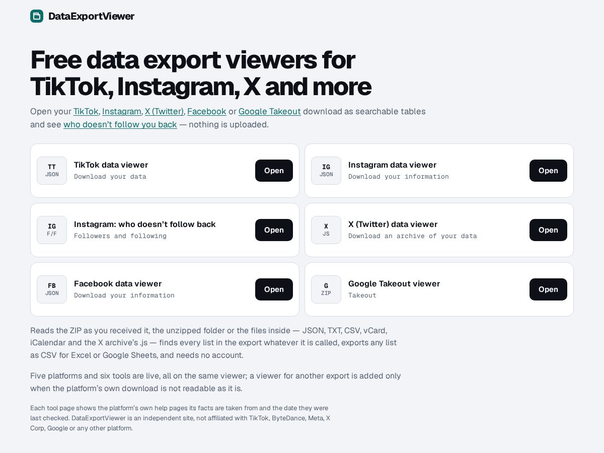 Landing-page snapshot of dataexportviewer.com