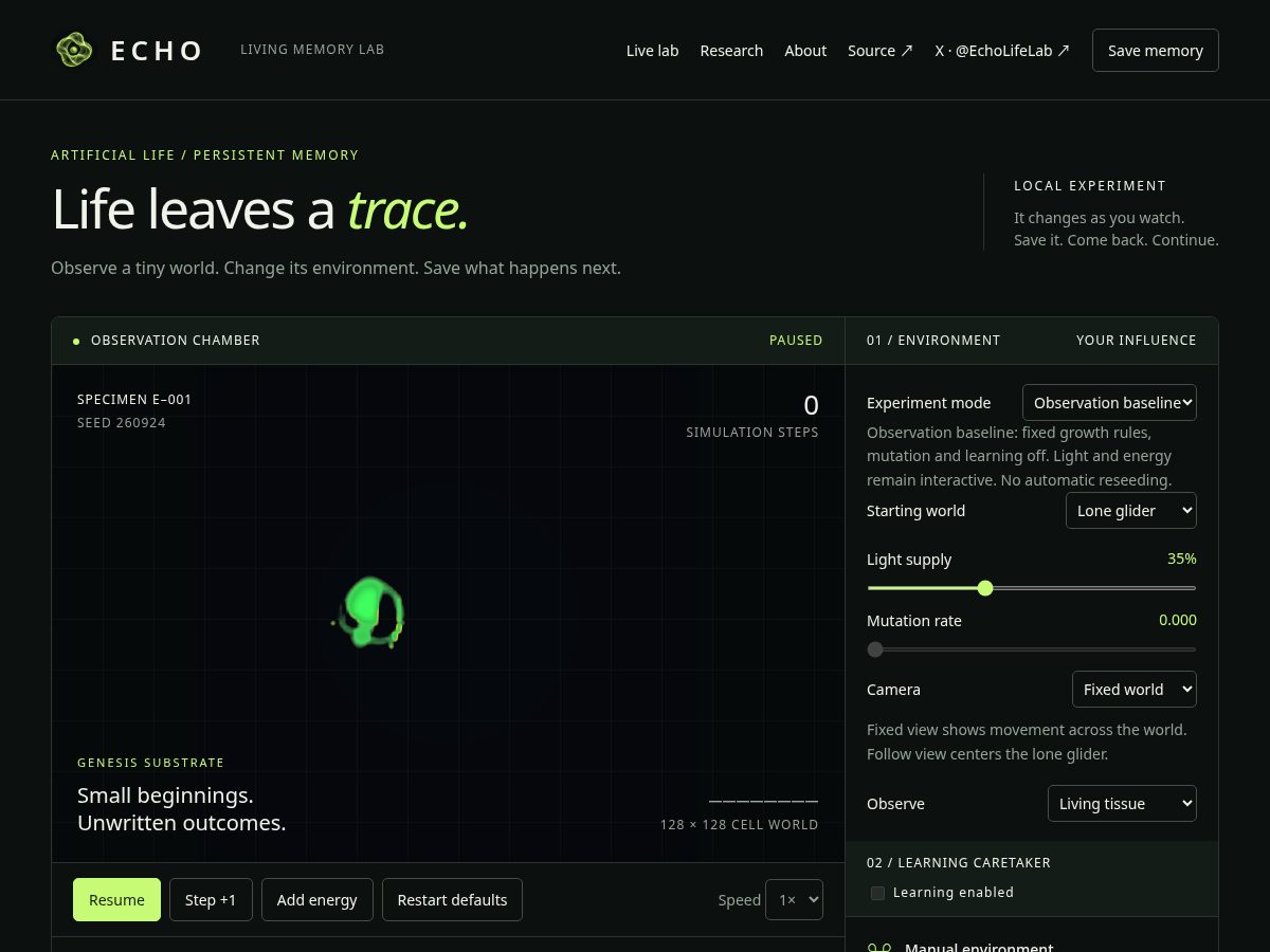 Landing-page snapshot of echolifelab.xyz