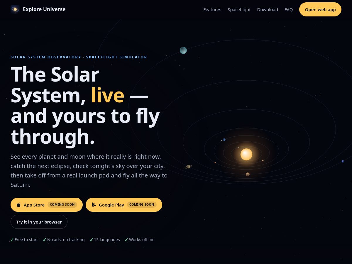 Landing-page snapshot of exploreuniverse.app