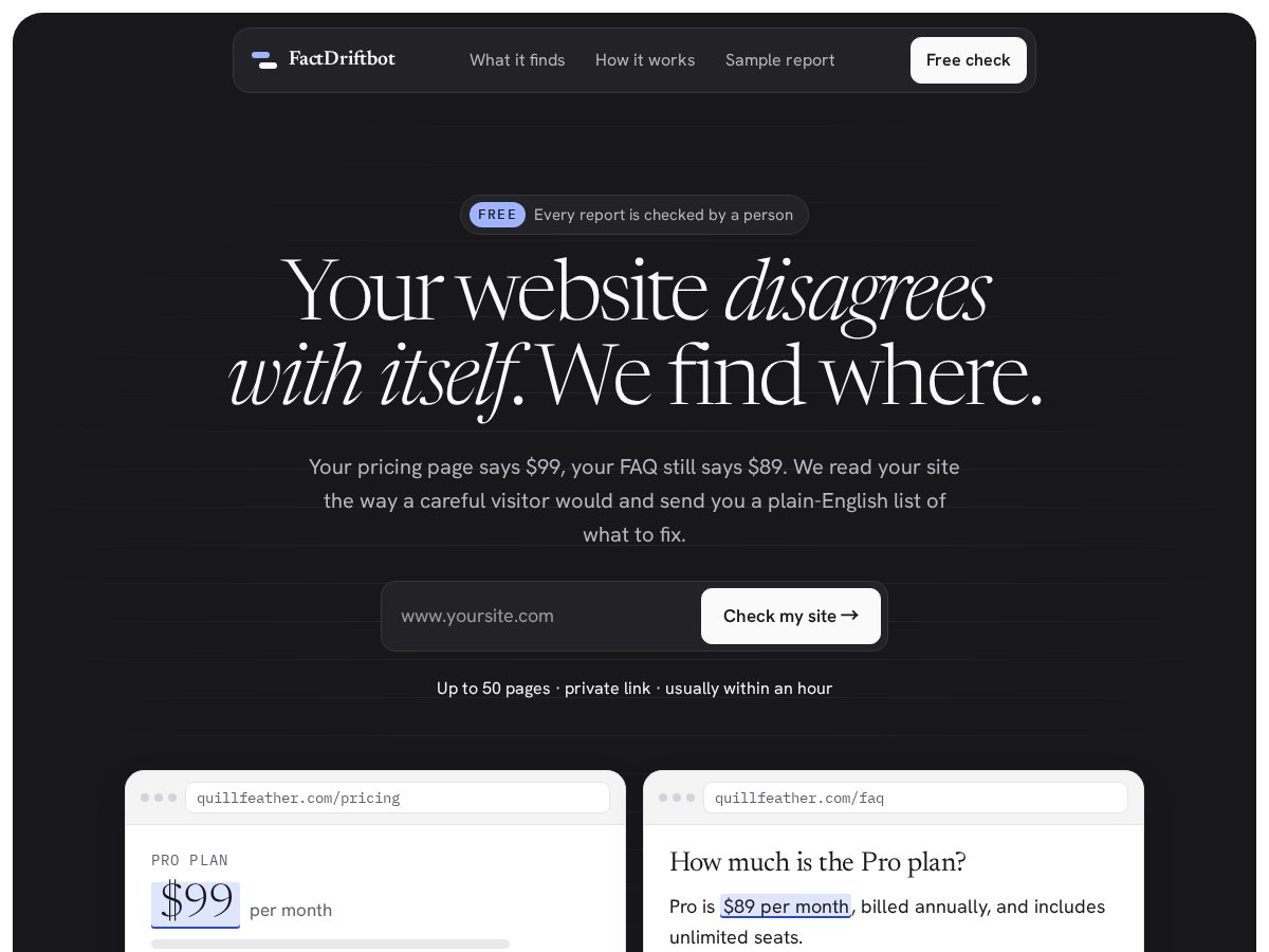 Landing-page snapshot of factdriftbot.com