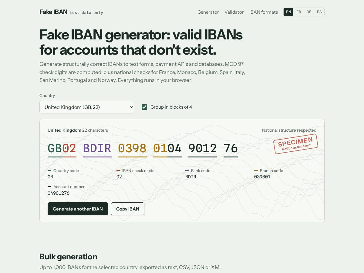 Landing-page snapshot of fakeiban.com