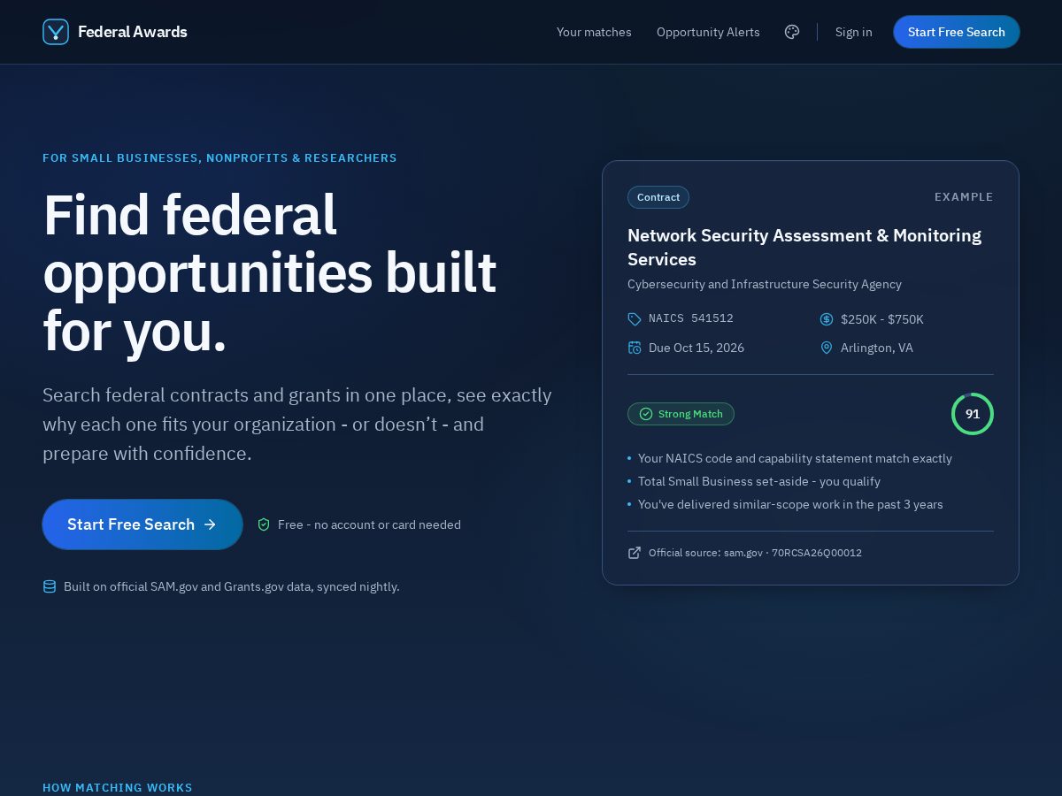 Landing-page snapshot of federalawards.app