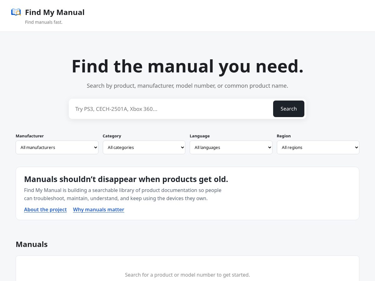 Landing-page snapshot of findmymanual.org