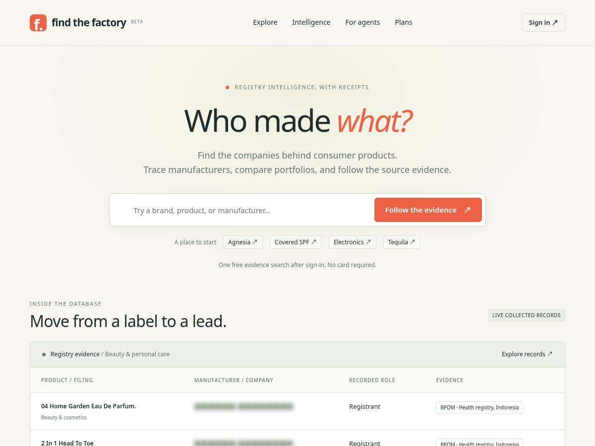 Landing-page snapshot of findthefactory.com