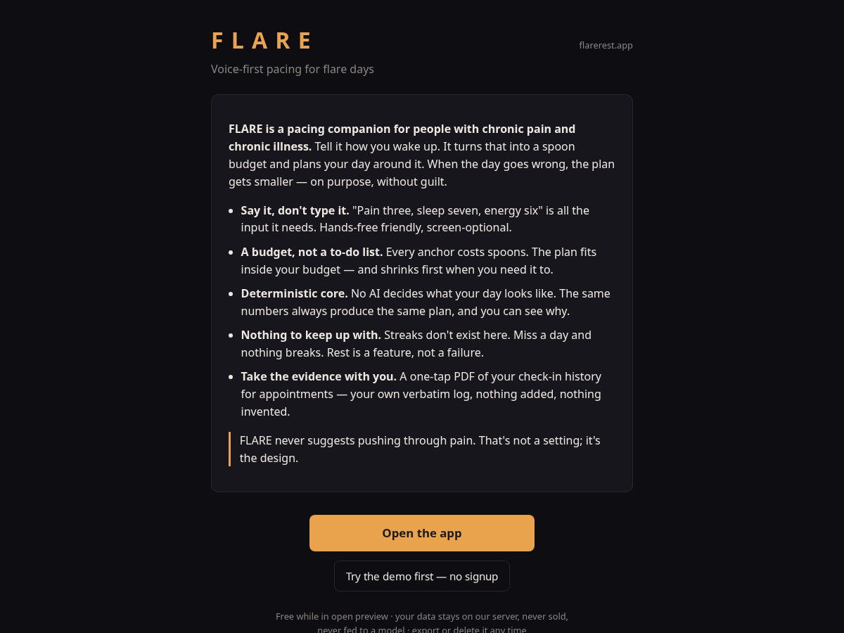 Landing-page snapshot of flarerest.app