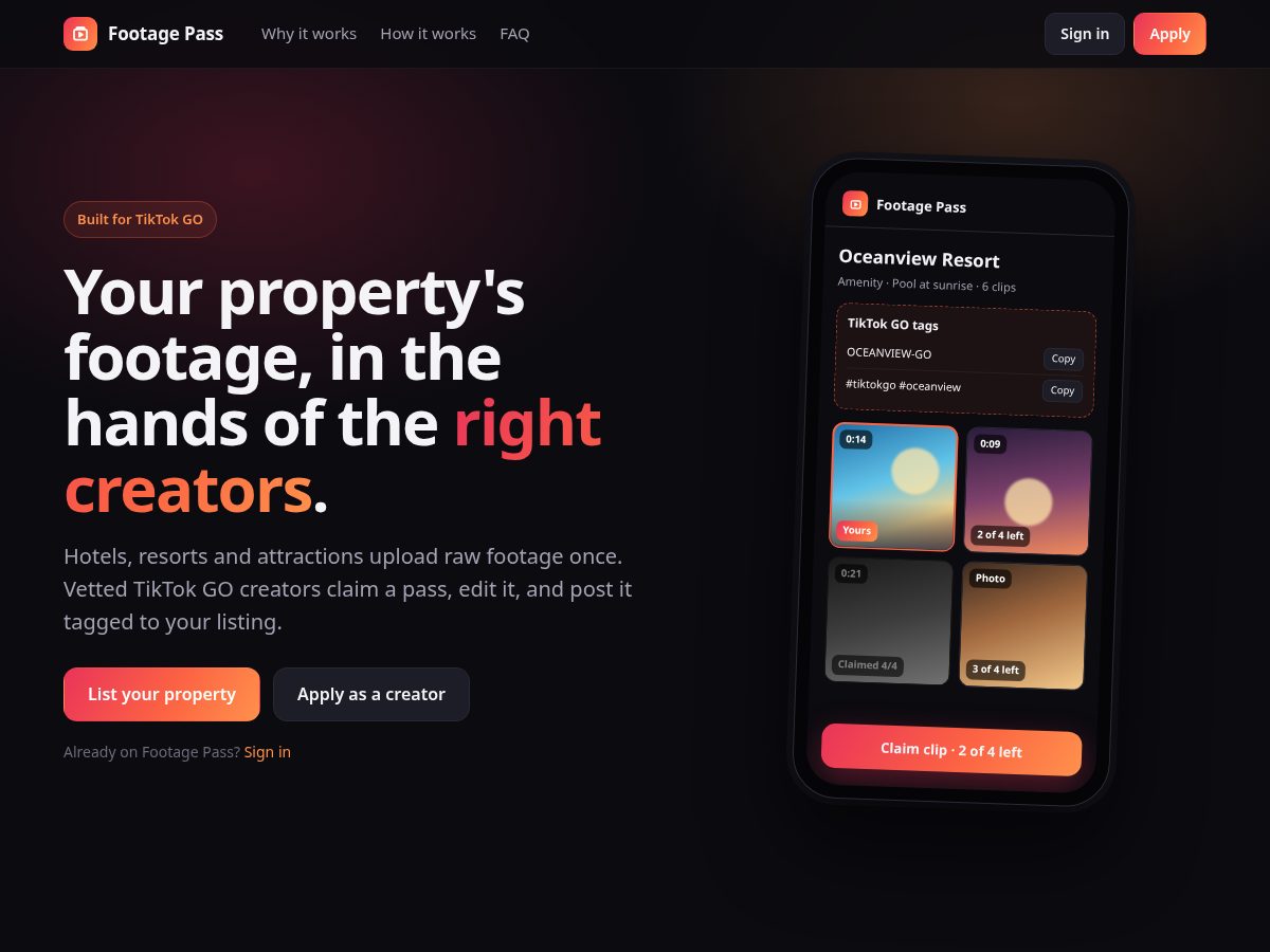 Landing-page snapshot of footagepass.com