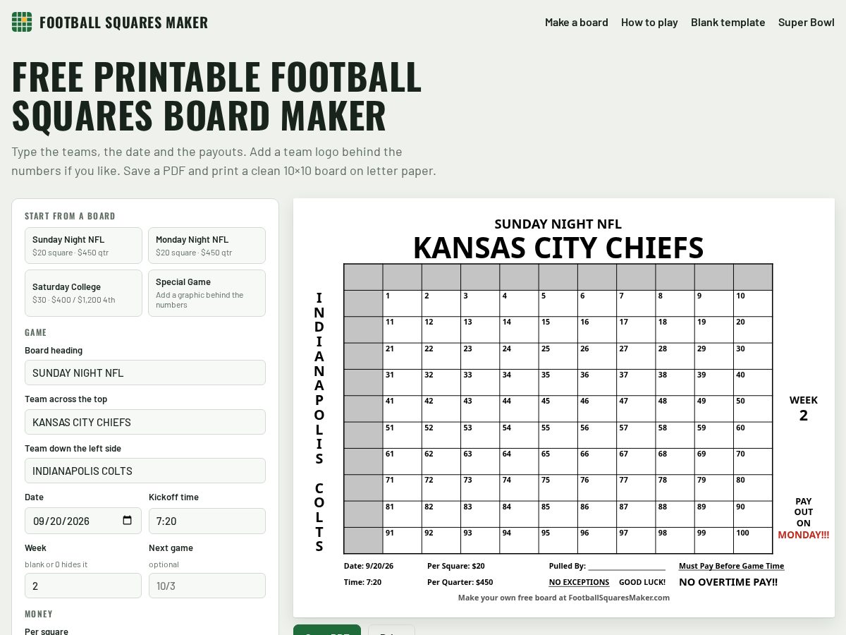 Landing-page snapshot of footballsquaresmaker.com