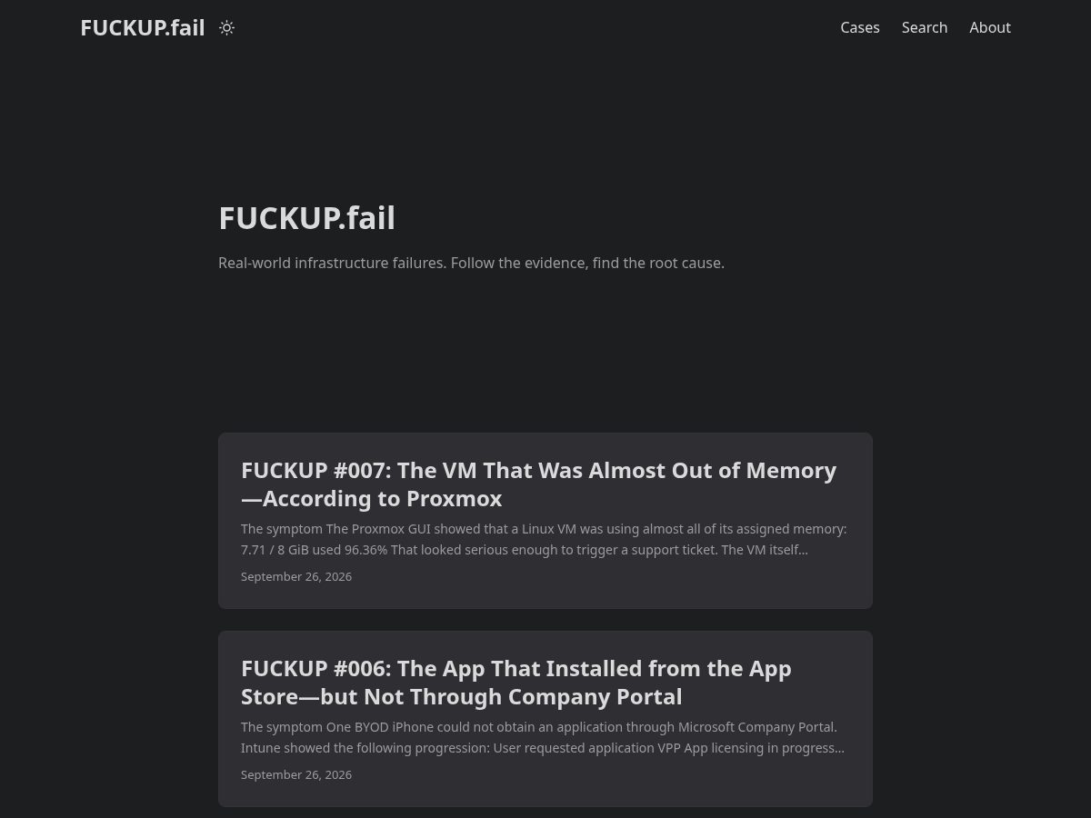 Landing-page snapshot of fuckup.fail