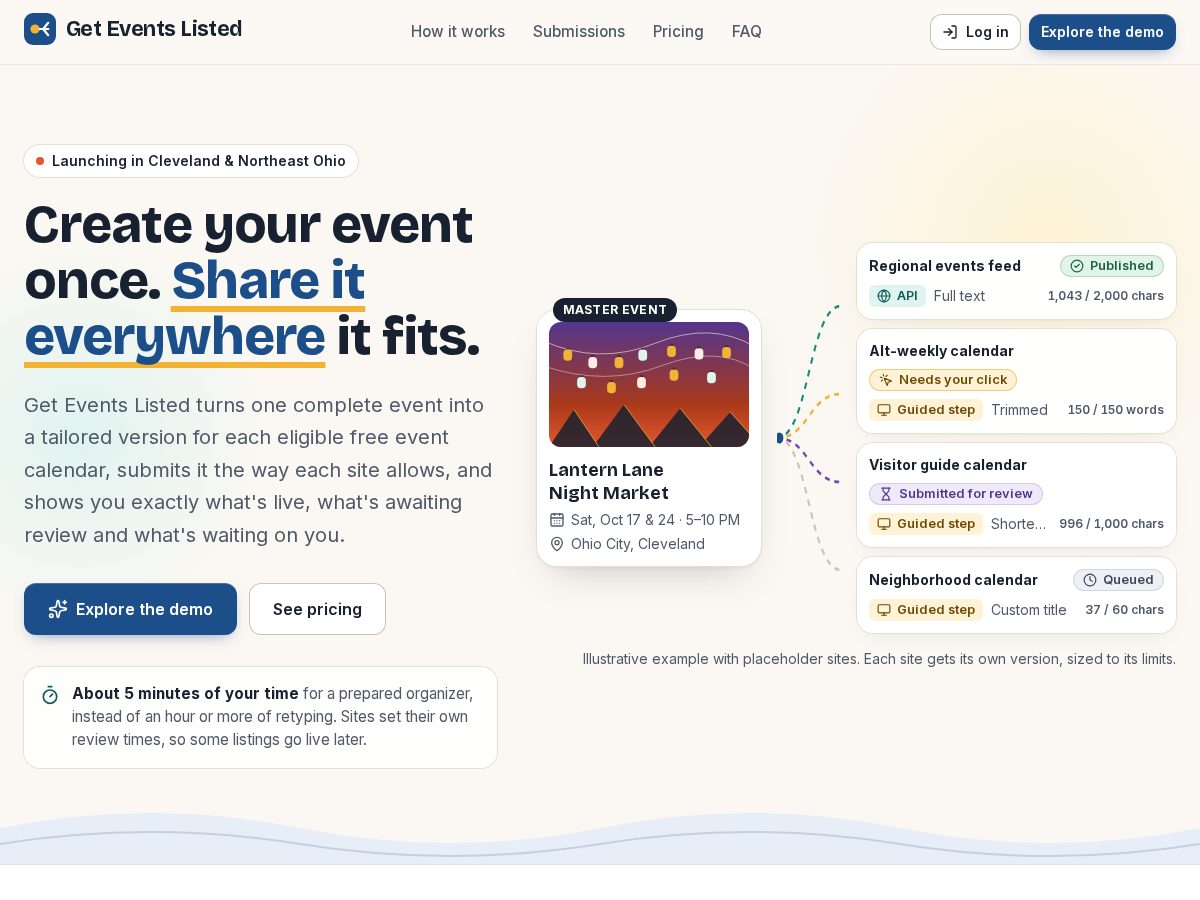 Landing-page snapshot of geteventslisted.com