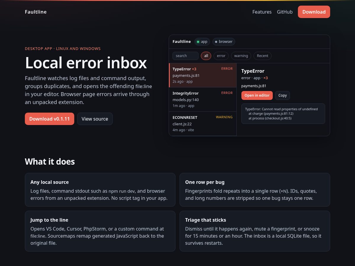 Landing-page snapshot of getfaultline.app