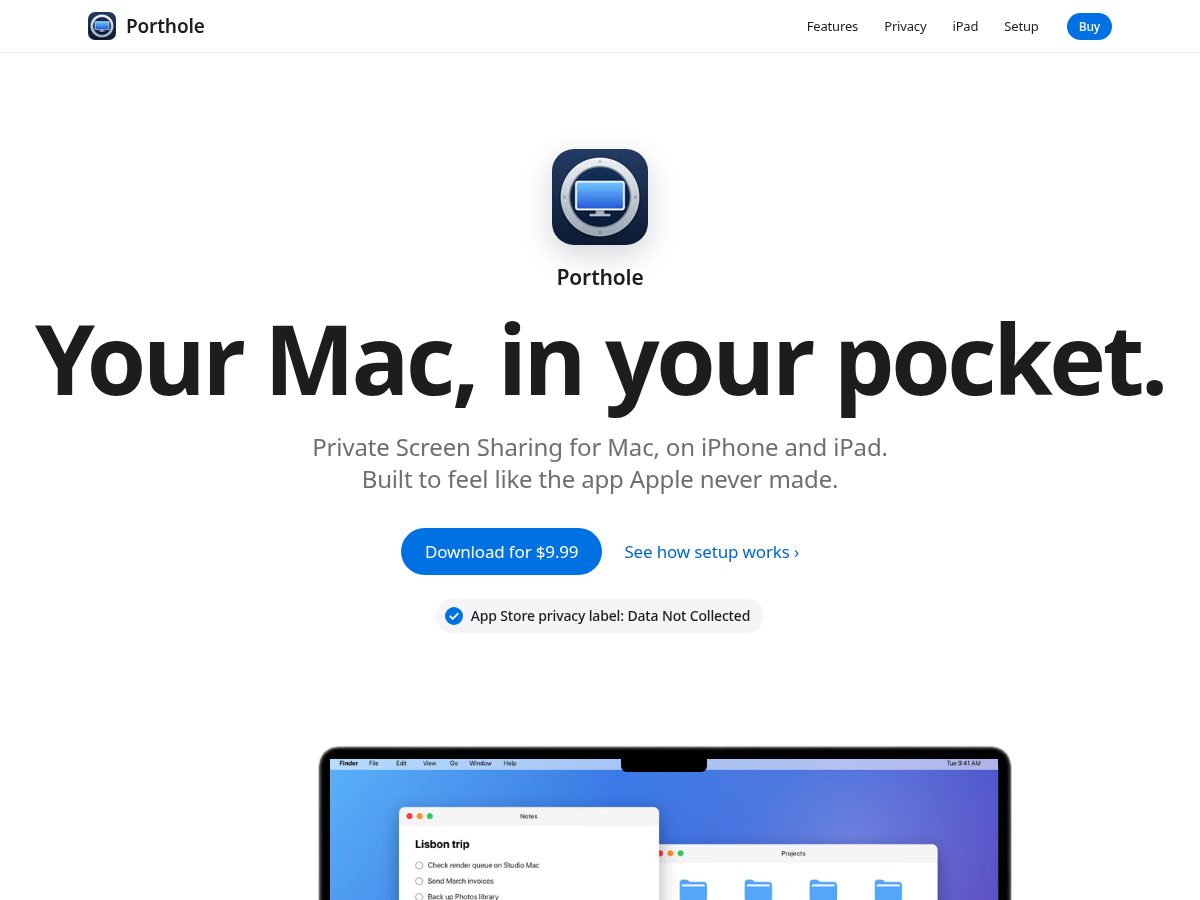 Landing-page snapshot of getporthole.app