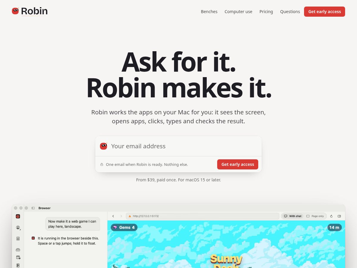 Landing-page snapshot of getrobin.app