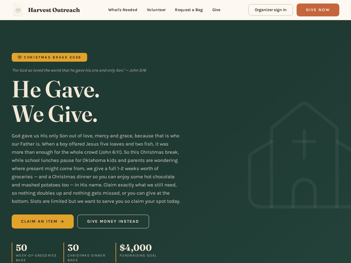 Landing-page snapshot of harvestoutreachbyyouth.net
