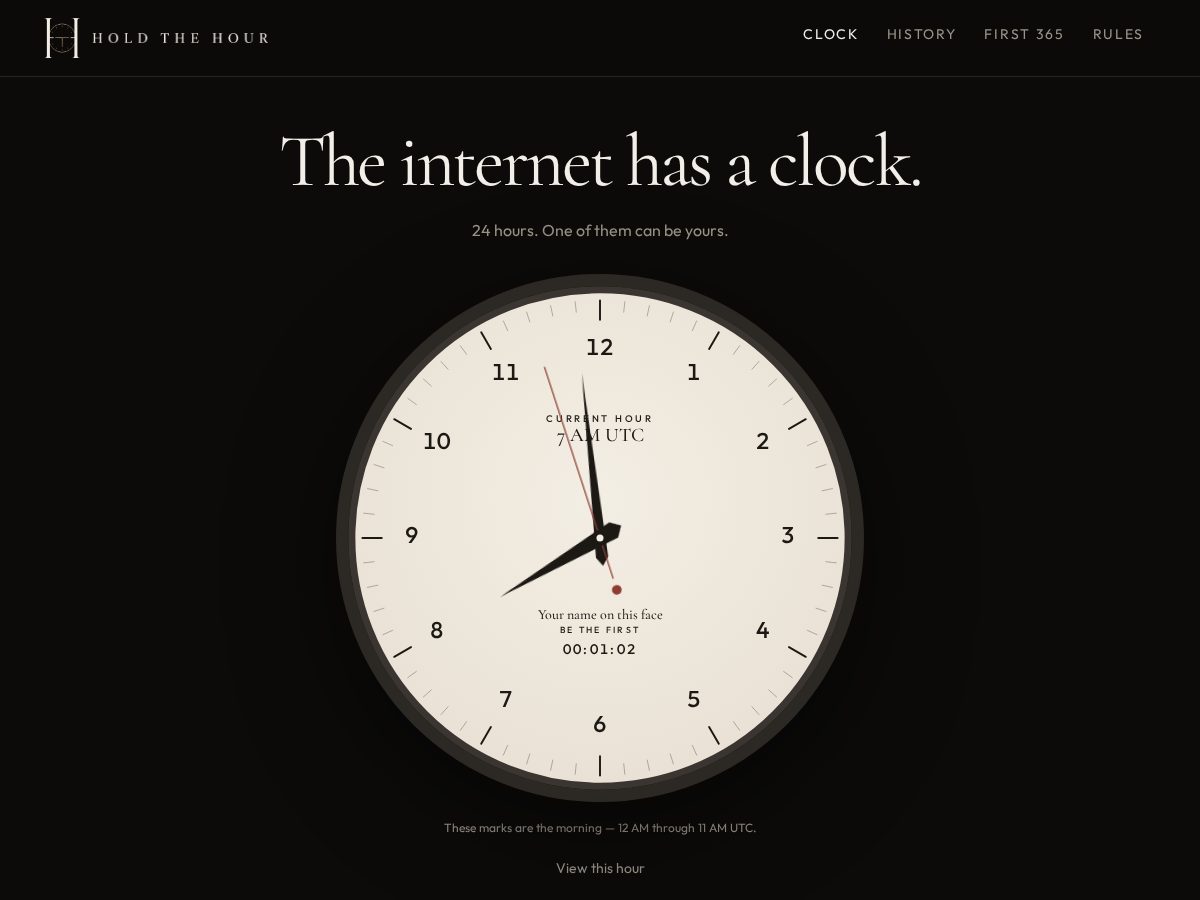 Landing-page snapshot of holdthehour.lol