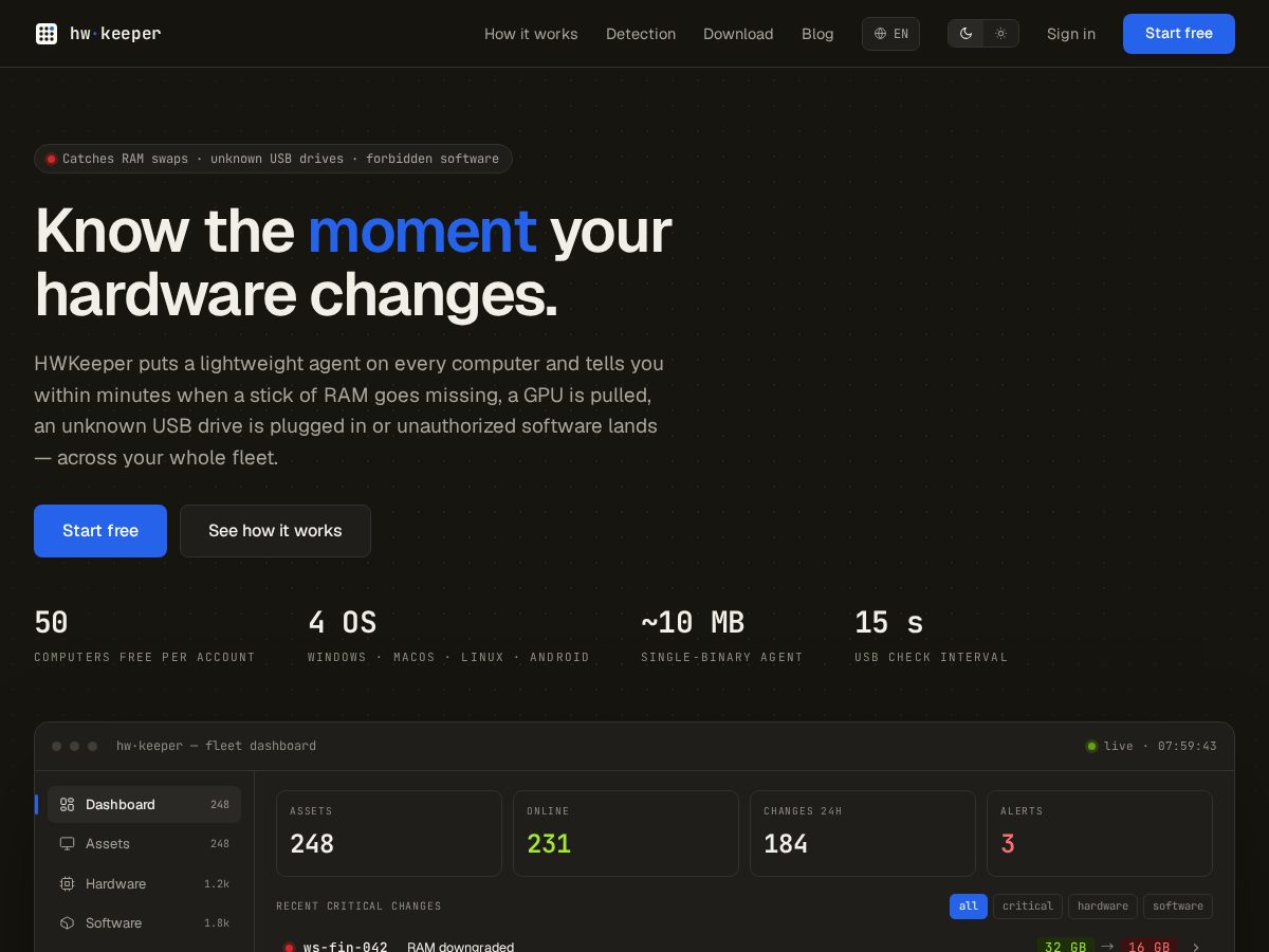 Landing-page snapshot of hwkeeper.com