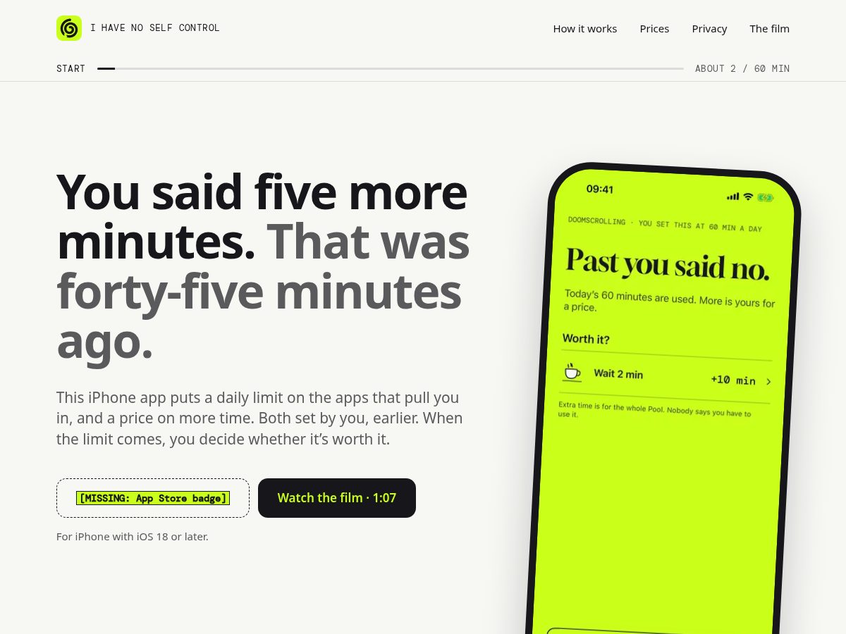 Landing-page snapshot of ihavenoselfcontrol.app