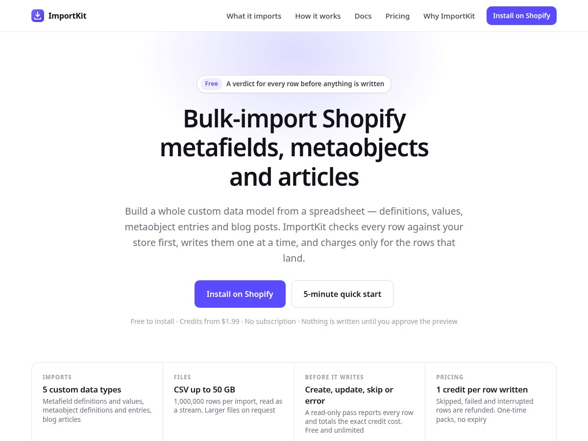 Landing-page snapshot of importkitapp.com