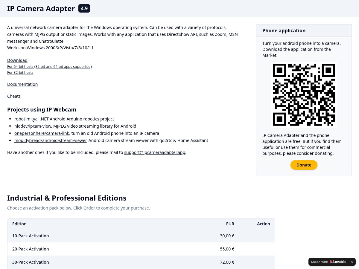 Landing-page snapshot of ipcameraadapter.app