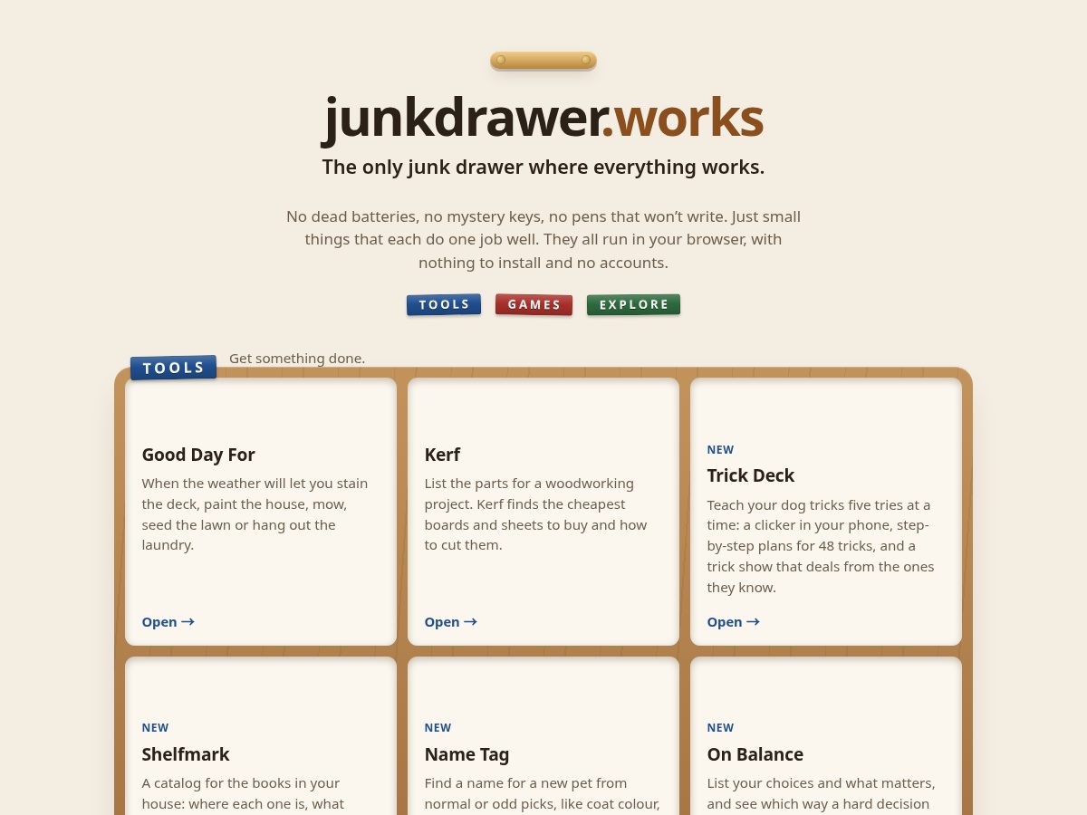 Landing-page snapshot of junkdrawer.works