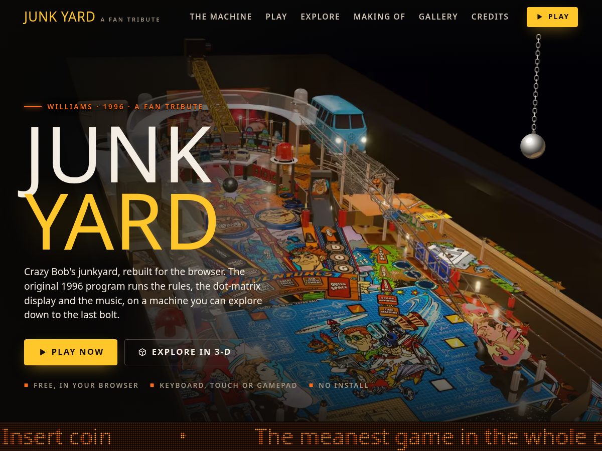 Landing-page snapshot of junkyardpinball.com