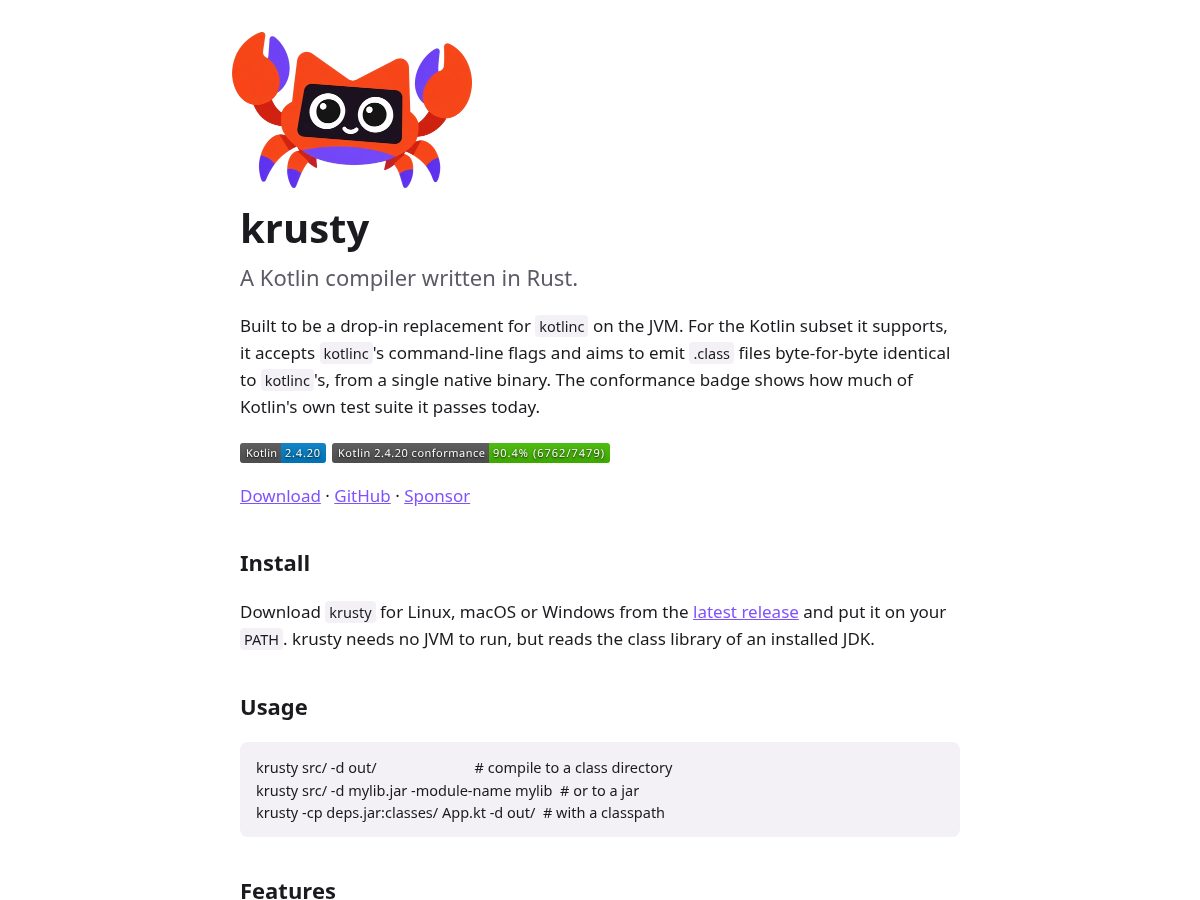 Landing-page snapshot of krustythecompiler.dev