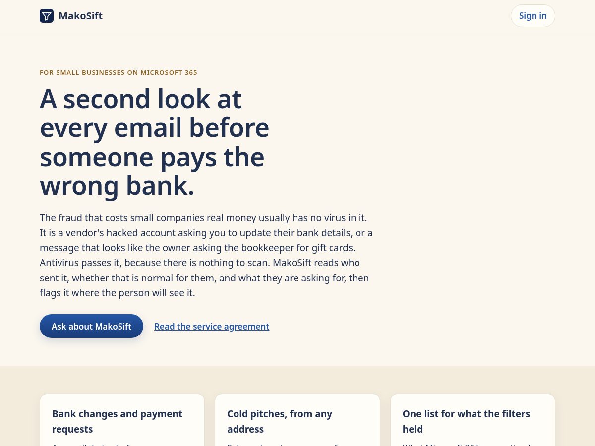 Landing-page snapshot of makosift.com