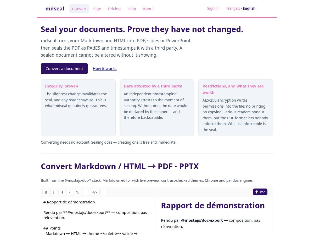 Landing-page snapshot of mdseal.dev
