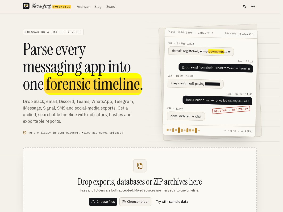Landing-page snapshot of messagingforensics.com