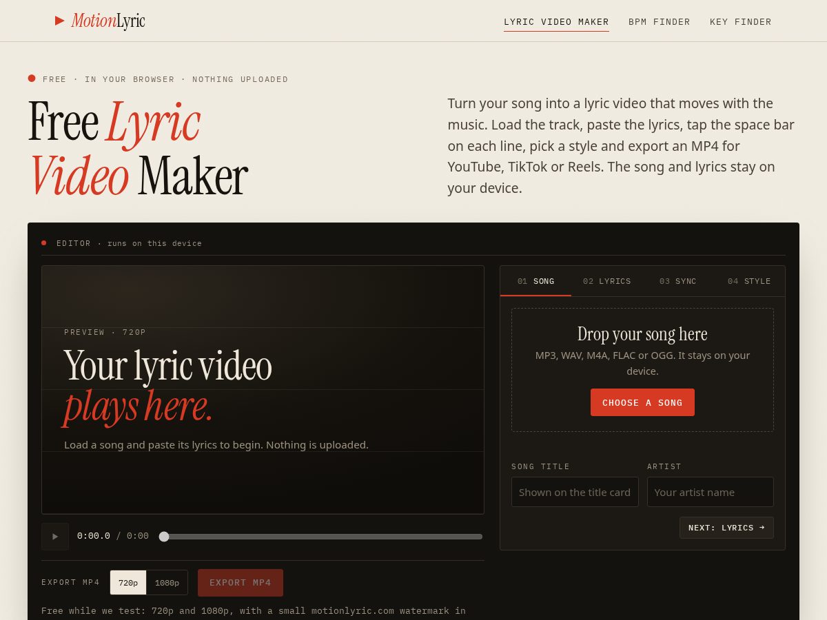 Landing-page snapshot of motionlyric.com