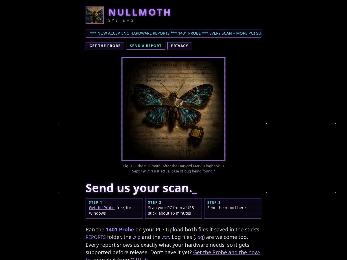 Landing-page snapshot of nullmothsystems.com