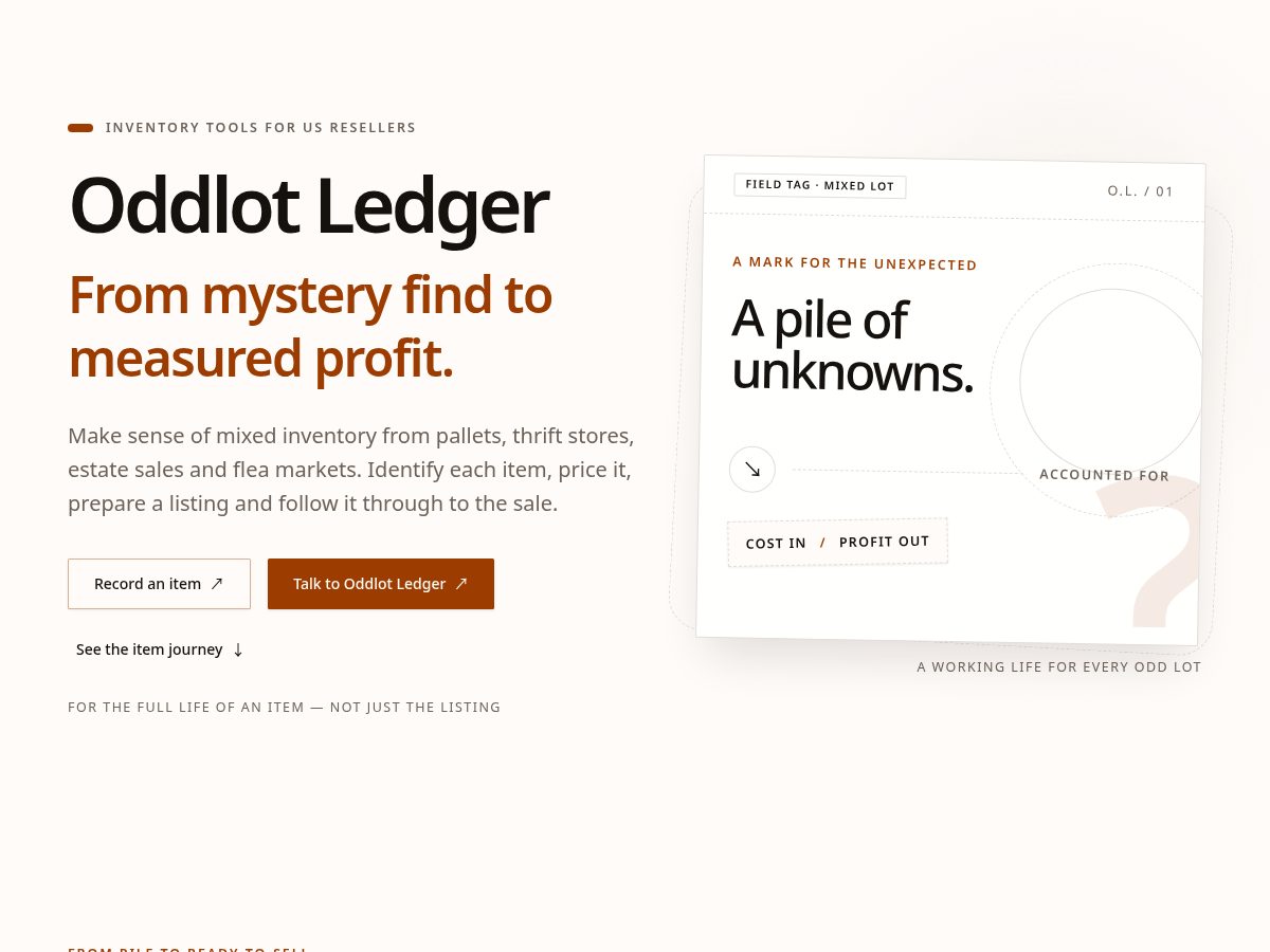 Landing-page snapshot of oddlotledger.com